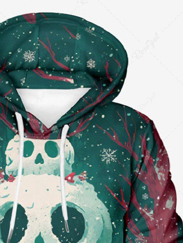 Gothic Plus Size Christmas Skulls Snowman Snowflake Tree Print Drawstring Pockets Hoodie For Men