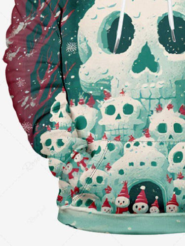 Gothic Plus Size Christmas Skulls Snowman Snowflake Tree Print Drawstring Pockets Hoodie For Men