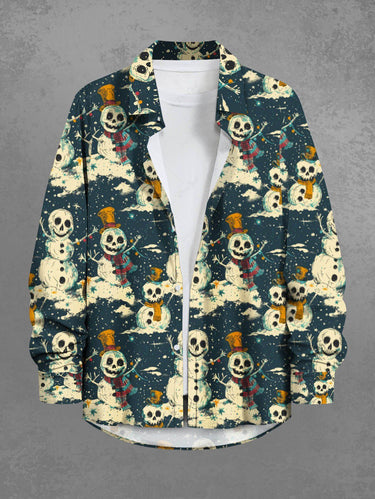 Gothic Plus Size Christmas Skull Snowman Hat Scarf Flower Print Buttons Pocket Long Sleeves Shirt For Men