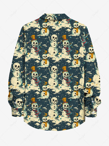Gothic Plus Size Christmas Skull Snowman Hat Scarf Flower Print Buttons Pocket Long Sleeves Shirt For Men