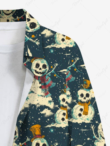 Gothic Plus Size Christmas Skull Snowman Hat Scarf Flower Print Buttons Pocket Long Sleeves Shirt For Men