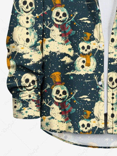 Gothic Plus Size Christmas Skull Snowman Hat Scarf Flower Print Buttons Pocket Long Sleeves Shirt For Men