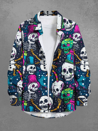 Gothic Plus Size Skulls Hat Bowknot Paint Splatter Print Buttons Pocket Long Sleeve Shirt For Men