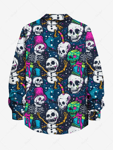 Gothic Plus Size Skulls Hat Bowknot Paint Splatter Print Buttons Pocket Long Sleeve Shirt For Men
