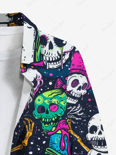Gothic Plus Size Skulls Hat Bowknot Paint Splatter Print Buttons Pocket Long Sleeve Shirt For Men
