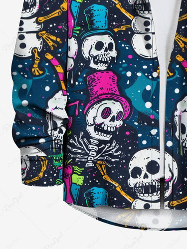 Gothic Plus Size Skulls Hat Bowknot Paint Splatter Print Buttons Pocket Long Sleeve Shirt For Men