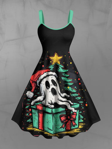 Gothic Plus Size Christmas Tree Star Ghost Hat Gift Box Print Tank Dress