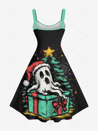 Gothic Plus Size Christmas Tree Star Ghost Hat Gift Box Print Tank Dress