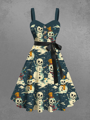 Gothic Plus Size Christmas Skull Snowman Hat Scarf Flower Print Buttons Turn Down Collar Dress With Belt
