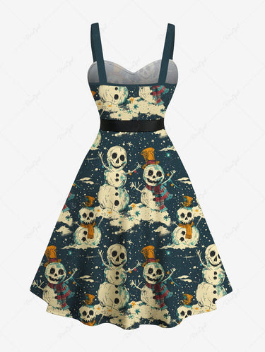 Gothic Plus Size Christmas Skull Snowman Hat Scarf Flower Print Buttons Turn Down Collar Dress With Belt