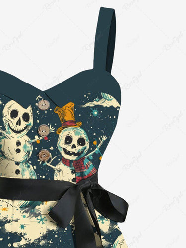 Gothic Plus Size Christmas Skull Snowman Hat Scarf Flower Print Buttons Turn Down Collar Dress With Belt