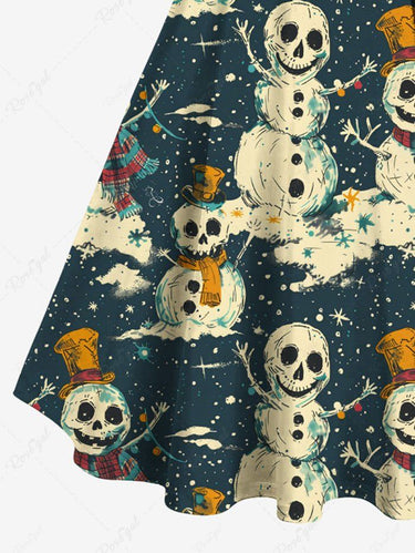 Gothic Plus Size Christmas Skull Snowman Hat Scarf Flower Print Buttons Turn Down Collar Dress With Belt