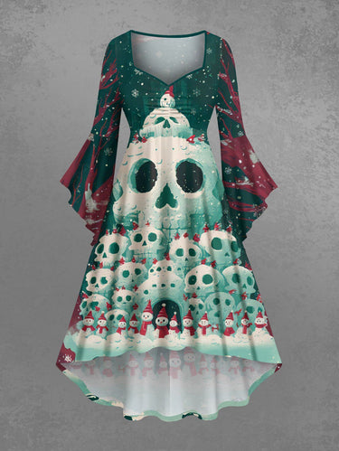 Gothic Plus Size Christmas Skulls Snowman Snowflake Tree Print Flare Sleeves Ruched High Low Dress