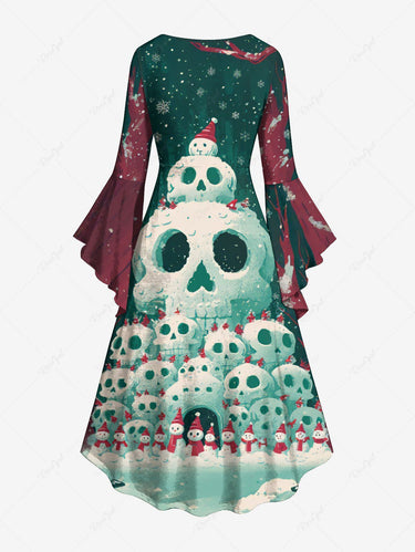 Gothic Plus Size Christmas Skulls Snowman Snowflake Tree Print Flare Sleeves Ruched High Low Dress