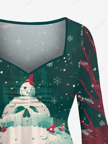 Gothic Plus Size Christmas Skulls Snowman Snowflake Tree Print Flare Sleeves Ruched High Low Dress