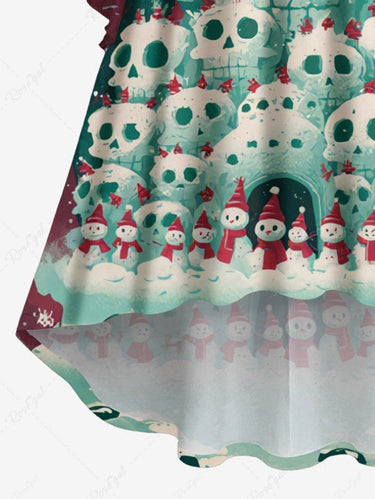 Gothic Plus Size Christmas Skulls Snowman Snowflake Tree Print Flare Sleeves Ruched High Low Dress