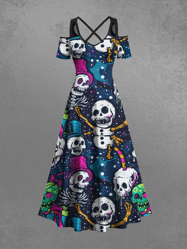 Gothic Plus Size Skulls Hat Bowknot Paint Splatter Print Cold Shoulder Crisscross Maxi Dress