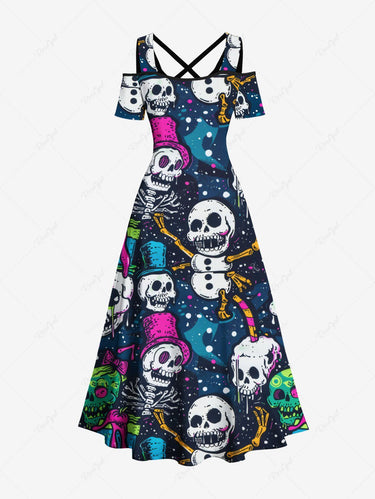 Gothic Plus Size Skulls Hat Bowknot Paint Splatter Print Cold Shoulder Crisscross Maxi Dress