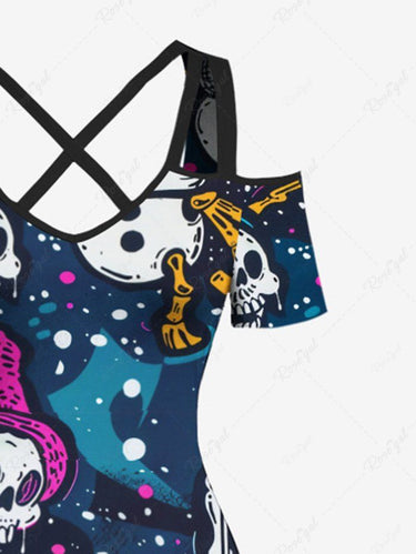 Gothic Plus Size Skulls Hat Bowknot Paint Splatter Print Cold Shoulder Crisscross Maxi Dress