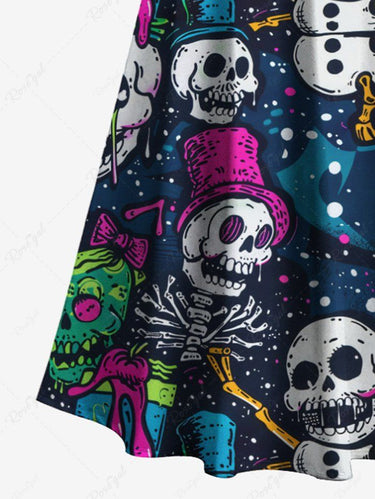 Gothic Plus Size Skulls Hat Bowknot Paint Splatter Print Cold Shoulder Crisscross Maxi Dress