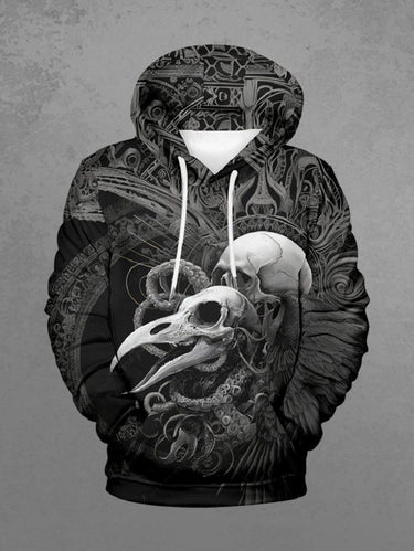 Gothic Plus Size Skull Crow Octopus Print Drawstring Pockets Hoodie For Men