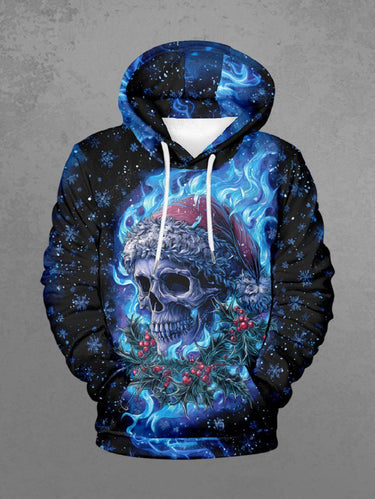 Gothic Plus Size Christmas Hat Skull Snowflake Flame Holly Fruit Print Drawstring Pockets Hoodie For Men