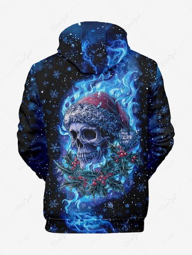 Gothic Plus Size Christmas Hat Skull Snowflake Flame Holly Fruit Print Drawstring Pockets Hoodie For Men