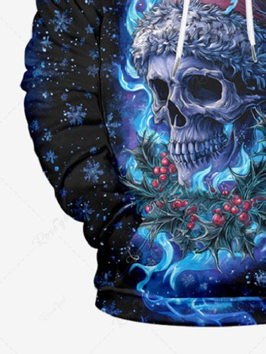 Gothic Plus Size Christmas Hat Skull Snowflake Flame Holly Fruit Print Drawstring Pockets Hoodie For Men