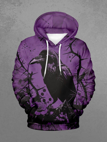 Gothic Plus Size Crow Rose Flowers Paint Splatter Print Drawstring Pockets Hoodie For Men