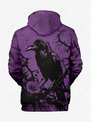 Gothic Plus Size Crow Rose Flowers Paint Splatter Print Drawstring Pockets Hoodie For Men