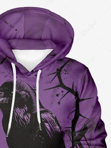 Gothic Plus Size Crow Rose Flowers Paint Splatter Print Drawstring Pockets Hoodie For Men