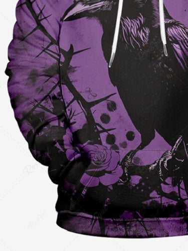 Gothic Plus Size Crow Rose Flowers Paint Splatter Print Drawstring Pockets Hoodie For Men