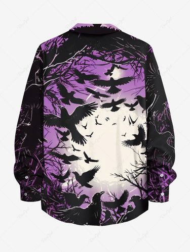 Gothic Plus Size Crows Moon Nest Print Buttons Pocket Long Sleeves Shirt For Men