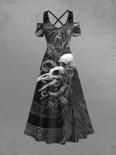 Gothic Plus Size Skull Crow Octopus Print Cold Shoulder Crisscross Maxi Dress