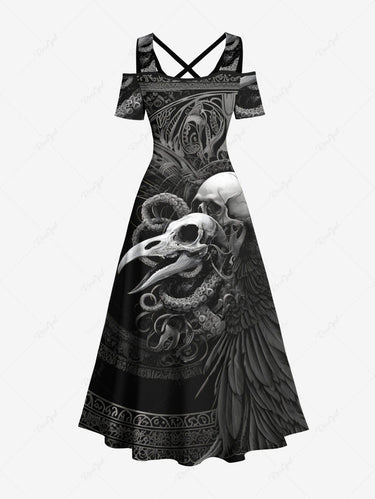 Gothic Plus Size Skull Crow Octopus Print Cold Shoulder Crisscross Maxi Dress