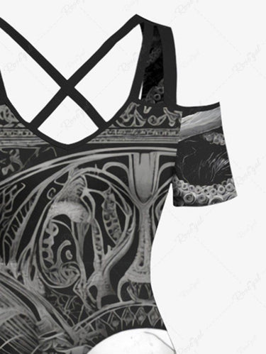 Gothic Plus Size Skull Crow Octopus Print Cold Shoulder Crisscross Maxi Dress