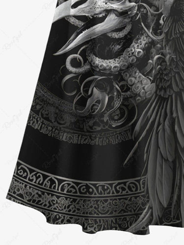 Gothic Plus Size Skull Crow Octopus Print Cold Shoulder Crisscross Maxi Dress