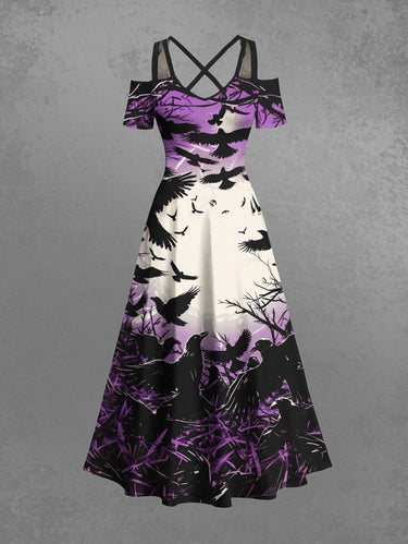 Gothic Plus Size Crows Moon Nest Print Cold Shoulder Crisscross Maxi Dress
