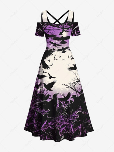 Gothic Plus Size Crows Moon Nest Print Cold Shoulder Crisscross Maxi Dress