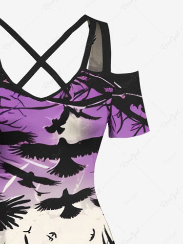 Gothic Plus Size Crows Moon Nest Print Cold Shoulder Crisscross Maxi Dress