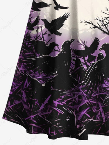 Gothic Plus Size Crows Moon Nest Print Cold Shoulder Crisscross Maxi Dress
