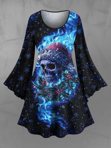 Gothic Plus Size Christmas Hat Skull Snowflake Flame Holly Fruit Print Flare Sleeves Dress