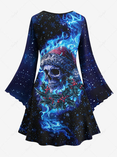 Gothic Plus Size Christmas Hat Skull Snowflake Flame Holly Fruit Print Flare Sleeves Dress