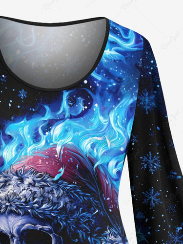 Gothic Plus Size Christmas Hat Skull Snowflake Flame Holly Fruit Print Flare Sleeves Dress
