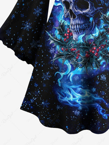Gothic Plus Size Christmas Hat Skull Snowflake Flame Holly Fruit Print Flare Sleeves Dress