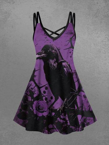 Gothic Plus Size Crow Rose Flowers Paint Splatter Print Crisscross Cami Dress