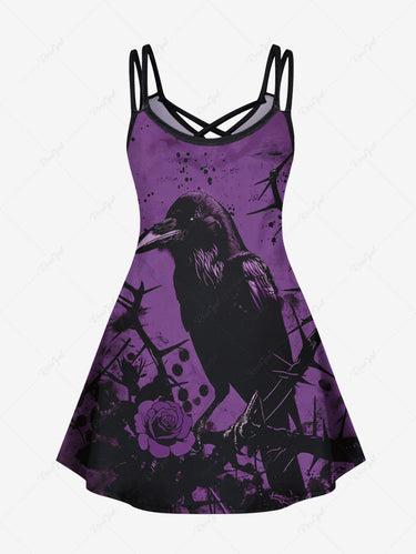 Gothic Plus Size Crow Rose Flowers Paint Splatter Print Crisscross Cami Dress