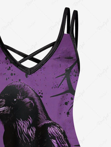 Gothic Plus Size Crow Rose Flowers Paint Splatter Print Crisscross Cami Dress