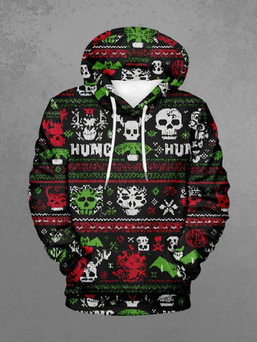 Gothic Plus Size Christmas Snowman Skulls Bat Print Drawstring Pockets Hoodie For Men