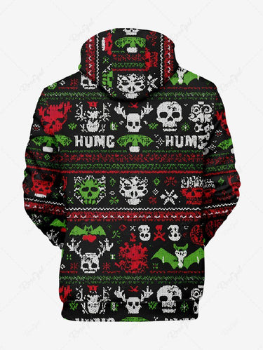 Gothic Plus Size Christmas Snowman Skulls Bat Print Drawstring Pockets Hoodie For Men